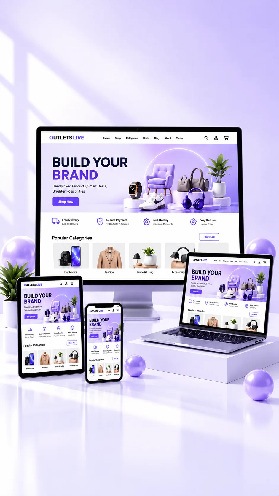 An Outlets Live store on desktop, laptop, tablet and phone